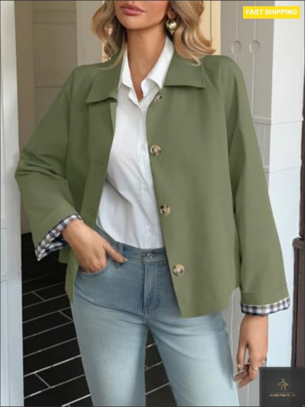 Cropped Trench Coat Lightweight Windbreaker Fall Jacket Single Breasted Plaid - Picture 3 of 7